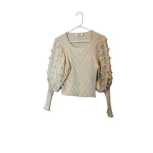 Avantlook‎ Sweater Womens Medium Cream Puff Sleeve Pom Pom Knit Chevron Crewneck